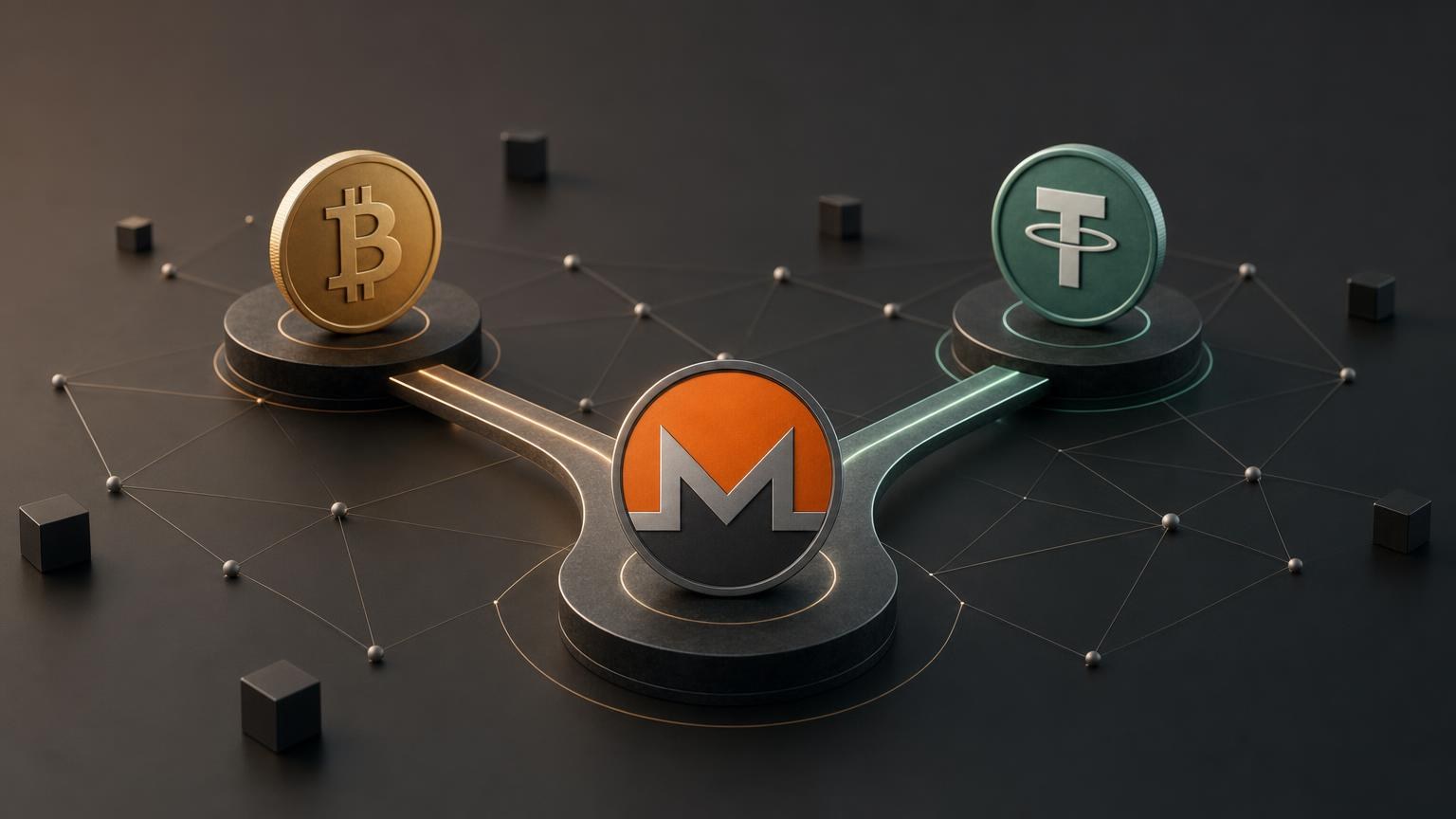 Monero coins branching toward Bitcoin and USDT routes beside a decision matrix for comparing networks, price exposure, and wallet compatibility